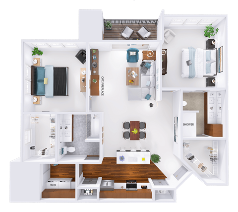 Floor plan for 2 beds, 2 baths, 1379 sqft